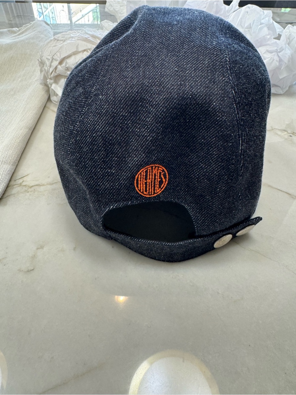Hermes Navy Denim Cap with Orange Logo Accent